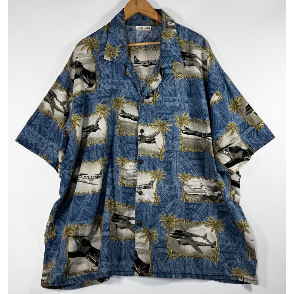 Matt Rider Laguna Beach Shirt XXL Blue WW ll Airplanes Palm Trees Aloha Hawaiian